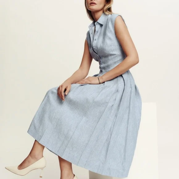 NEW Reformation Prim Linen Midi Dress - Blue White Stripes Casual - Picture 2 of 9